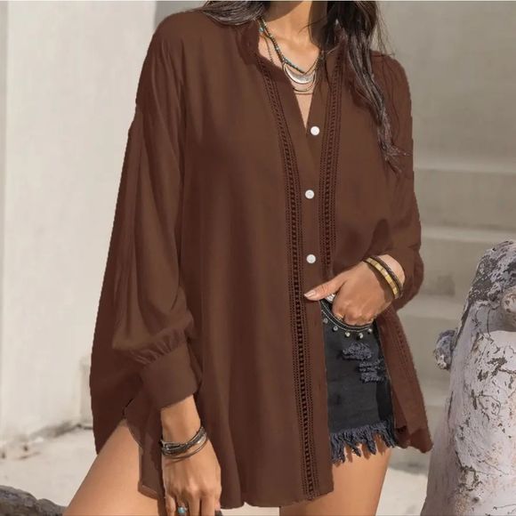 Mocha Lace Affair Button Shirt - Picture 2 of 8